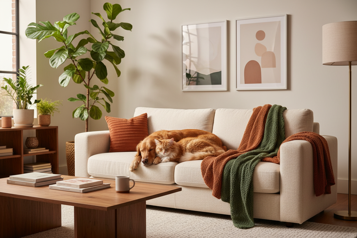a dog and a cat sitting in a living room